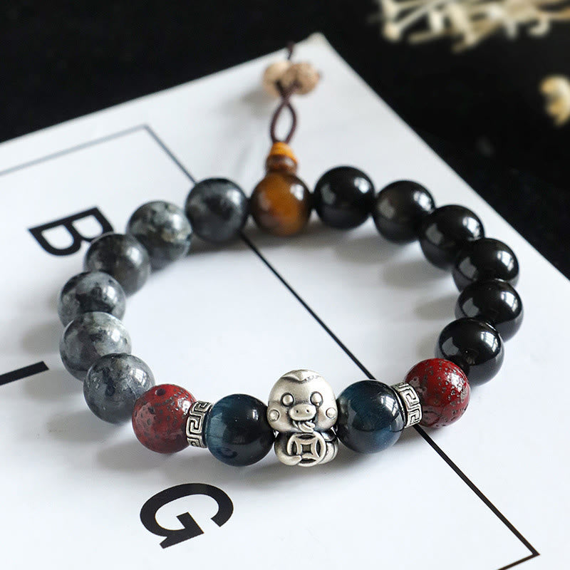 KarmaRipple's Black Glitter Stone Black Onyx 999 Sterling Silver Fu Character Bronze Coin Year Of Snake Protection Bracelet p14