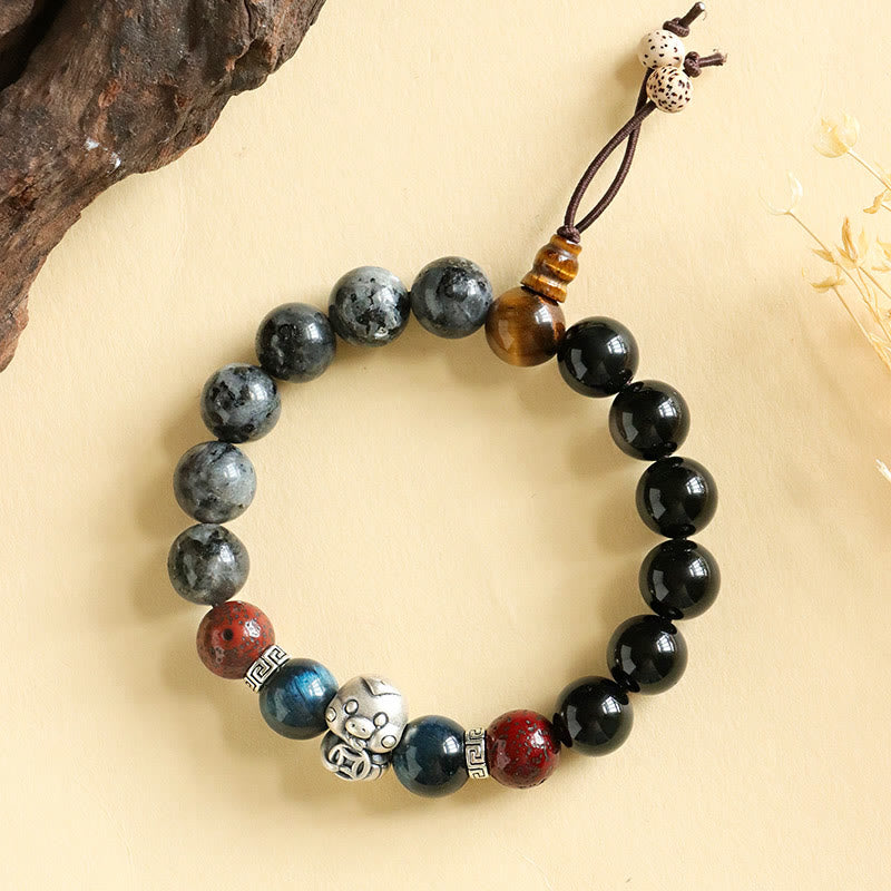KarmaRipple's Black Glitter Stone Black Onyx 999 Sterling Silver Fu Character Bronze Coin Year Of Snake Protection Bracelet p13
