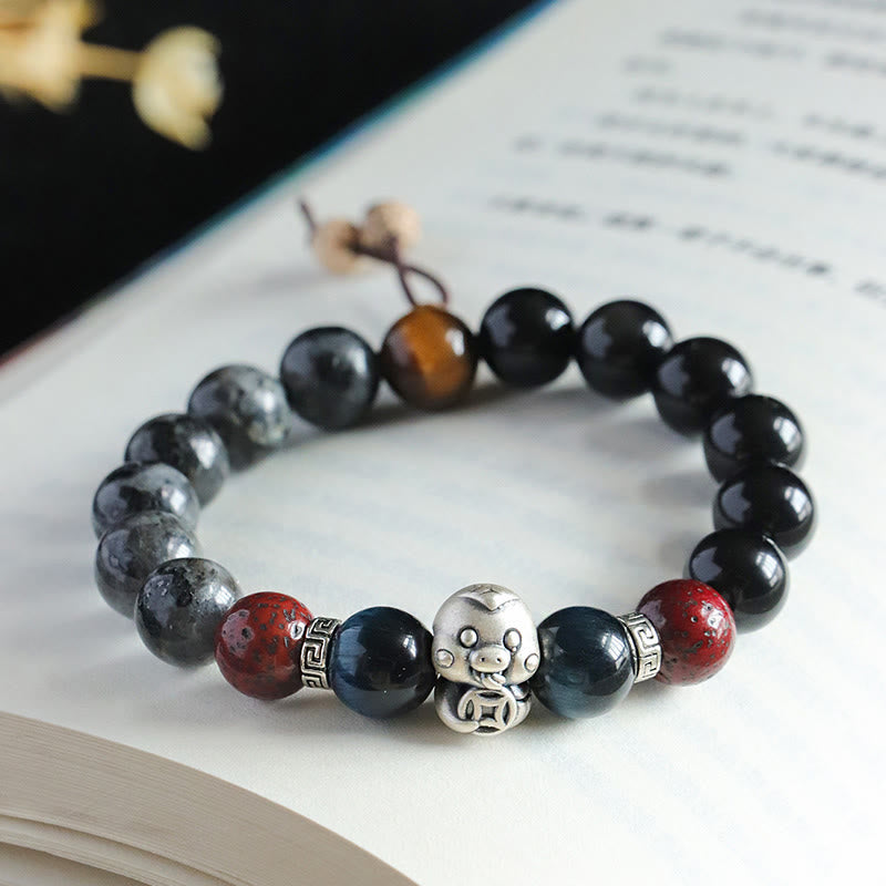 KarmaRipple's Black Glitter Stone Black Onyx 999 Sterling Silver Fu Character Bronze Coin Year Of Snake Protection Bracelet p15