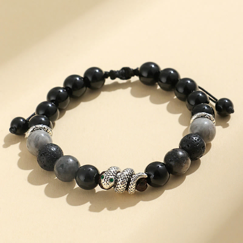 KarmaRipple's Black Onyx Black Glitter Stone Ivory Agate Ivory Turquoise Year Of The Snake Protection Bracelet p15