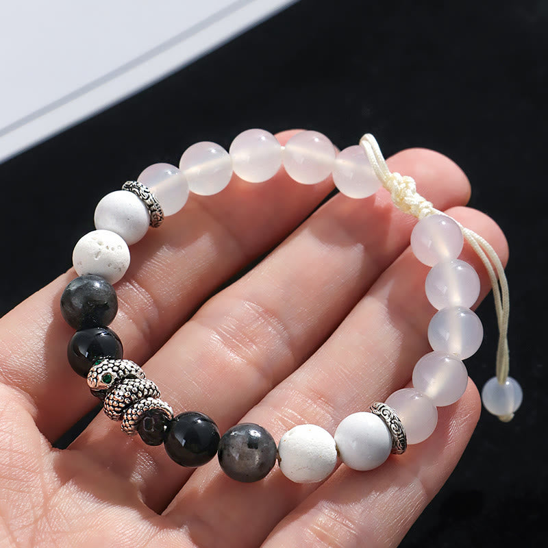 KarmaRipple's Black Onyx Black Glitter Stone Ivory Agate Ivory Turquoise Year Of The Snake Protection Bracelet p9