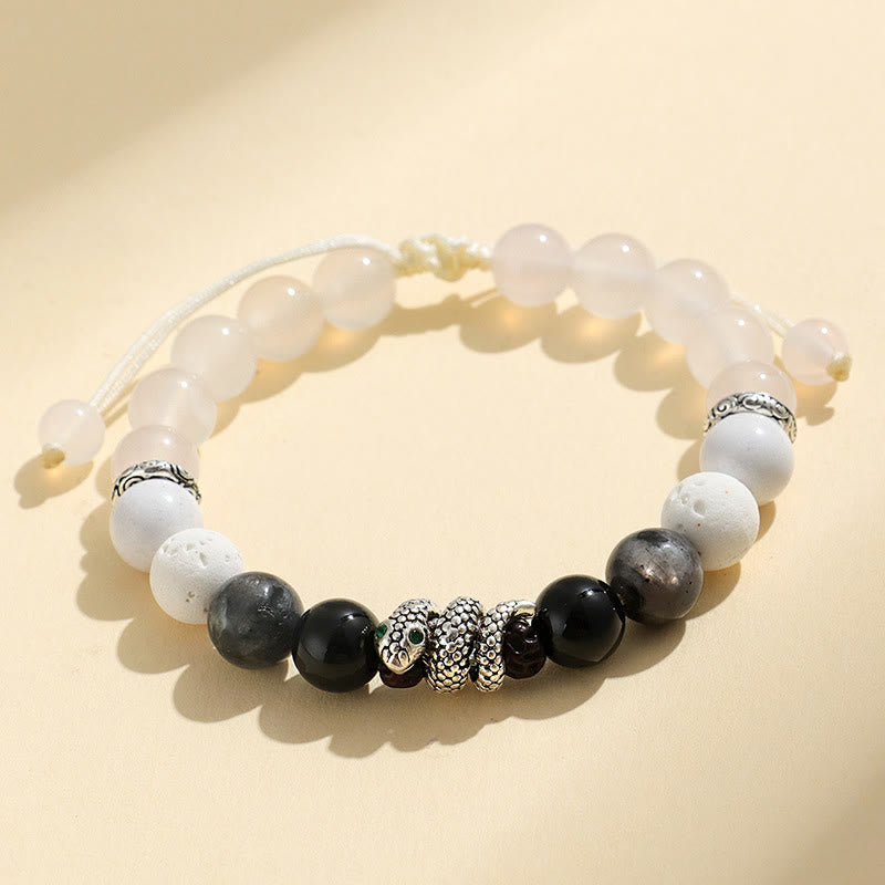 KarmaRipple's Black Onyx Black Glitter Stone Ivory Agate Ivory Turquoise Year Of The Snake Protection Bracelet p16