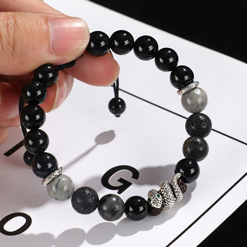 KarmaRipple's Black Onyx Black Glitter Stone Ivory Agate Ivory Turquoise Year Of The Snake Protection Bracelet p4