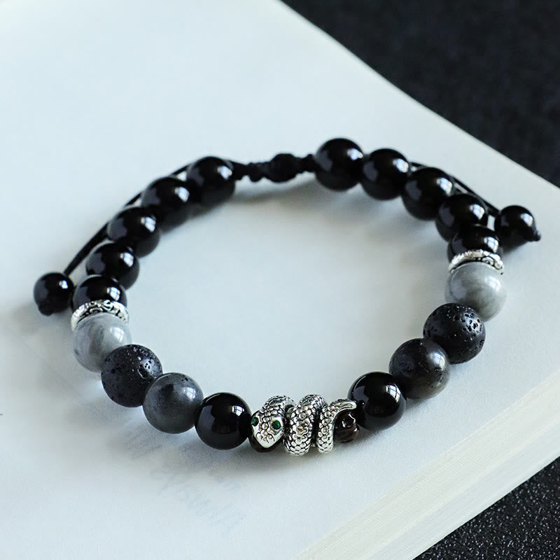KarmaRipple's Black Onyx Black Glitter Stone Ivory Agate Ivory Turquoise Year Of The Snake Protection Bracelet p5