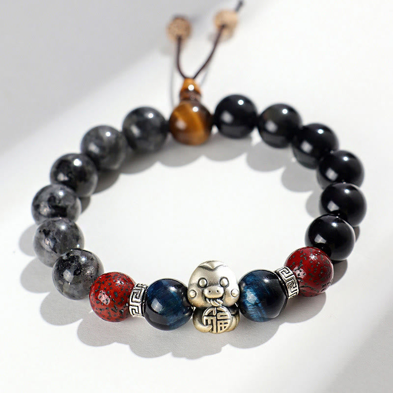 KarmaRipple's Black Glitter Stone Black Onyx 999 Sterling Silver Fu Character Bronze Coin Year Of Snake Protection Bracelet p1
