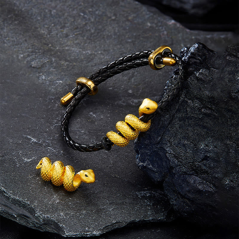 KarmaRipple's 999 Gold Snake Double Buckle Leather Cord Black Rope Year Of The Snake Protection Bracelet p2