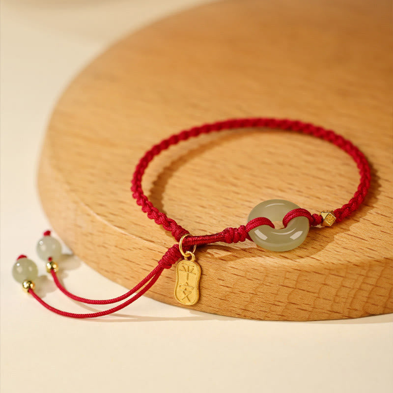KarmaRipple's Authentic Hetian Jade Peace Buckle Red String Fortune Woven Bracelet p1