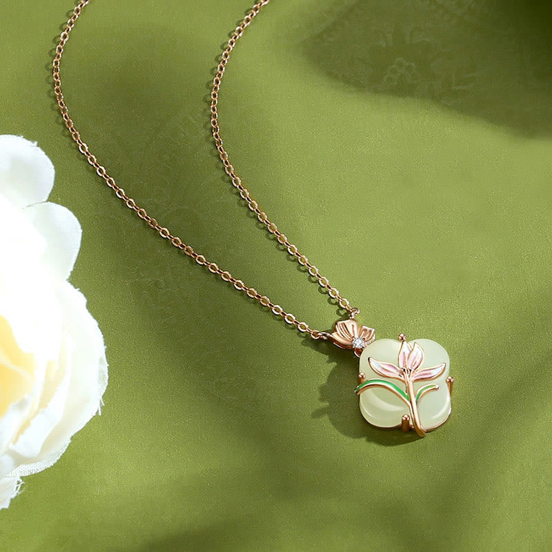 KarmaRipple's 925 Sterling Silver Magnolia Butterfly Hetian Jade Four Leaf Clover Blessing Earrings Pendant Necklace p14