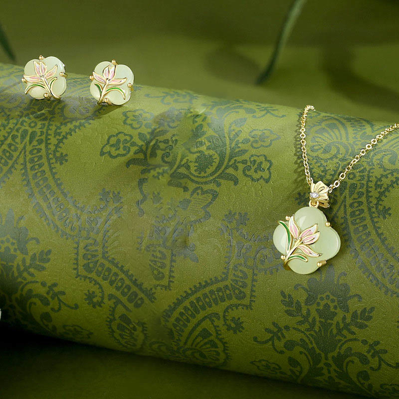 KarmaRipple's 925 Sterling Silver Magnolia Butterfly Hetian Jade Four Leaf Clover Blessing Earrings Pendant Necklace p12