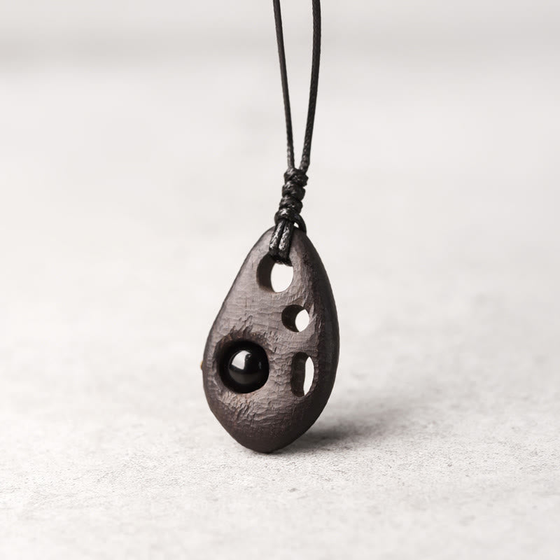 KarmaRipple's Ebony Wood Hollow Inlaid Obsidian Peace Calm Pendant Necklace p1
