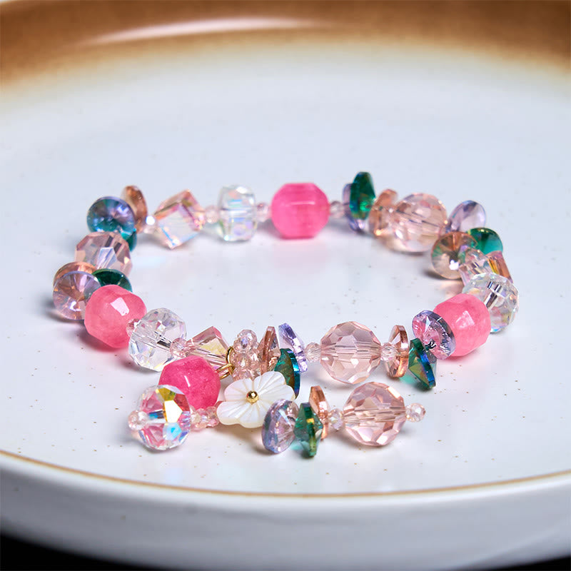 KarmaRipple's Pink Gemstone Green Gemstone Ivory Gemstone Flower Warmth Bracelet p15