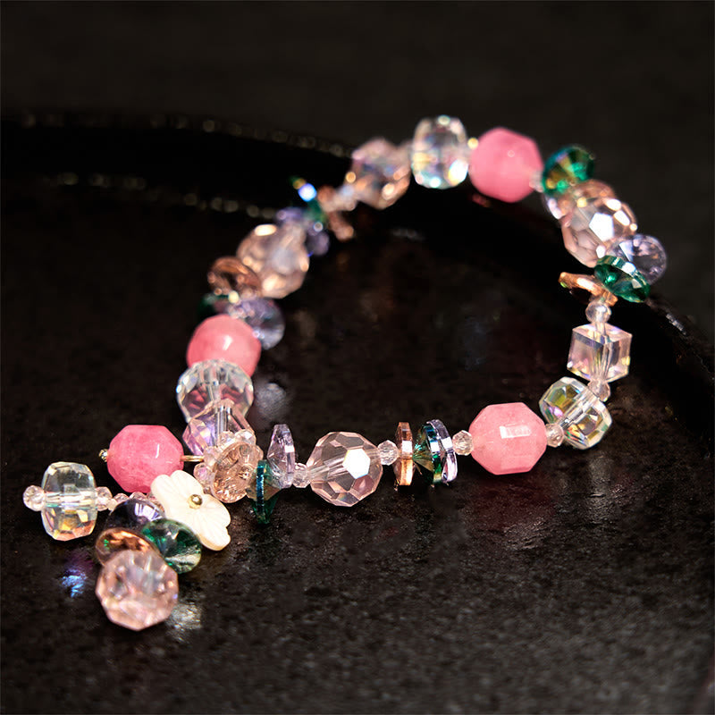 KarmaRipple's Pink Gemstone Green Gemstone Ivory Gemstone Flower Warmth Bracelet p9