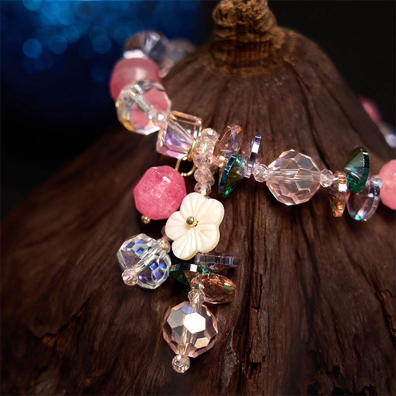 KarmaRipple's Pink Gemstone Green Gemstone Ivory Gemstone Flower Warmth Bracelet p14
