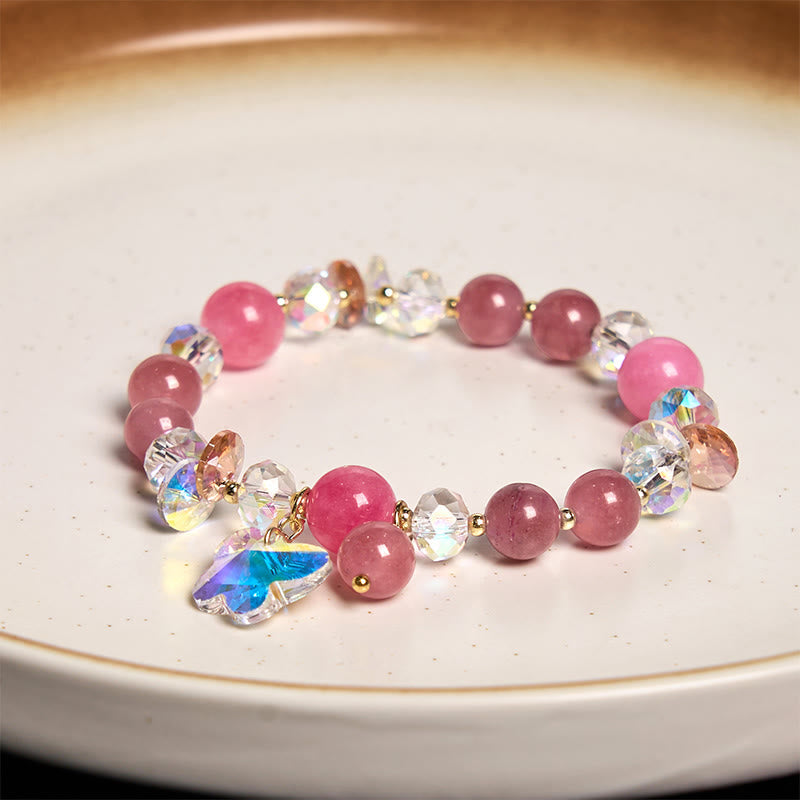 KarmaRipple's Strawberry Quartz Ivory Gemstone Pink Gemstone Butterfly Love Bracelet p14