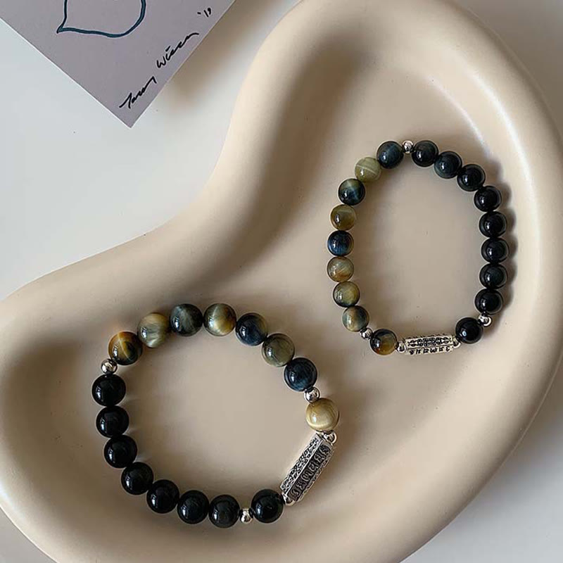 KarmaRipple's Authentic Black Obsidian Tiger's Eye Six True Words 'om Mani Padme Hum' Strength Love Bracelet p1
