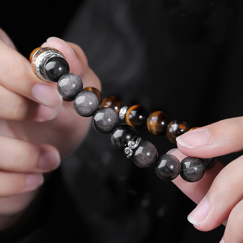 KarmaRipple's Authentic Silver Sheen Obsidian Tiger's Eye Six True Words 'Om Mani Padme Hum' Strength Bracelet p8