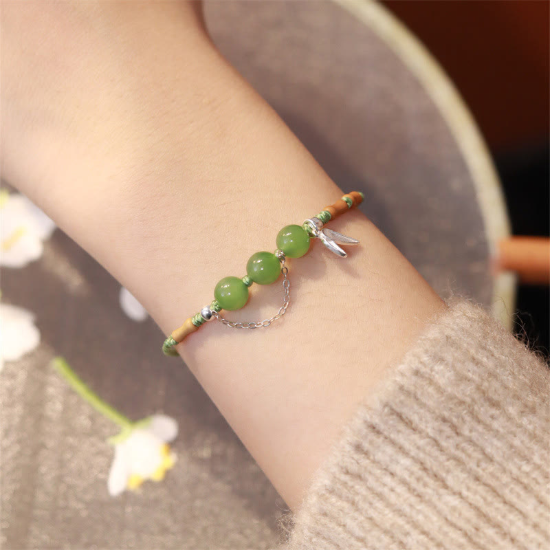 KarmaRipple's 925 Sterling Silver Bamboo Leaves Hetian Jade Chalcedony Beadwork Blessing Woven Bracelet p1