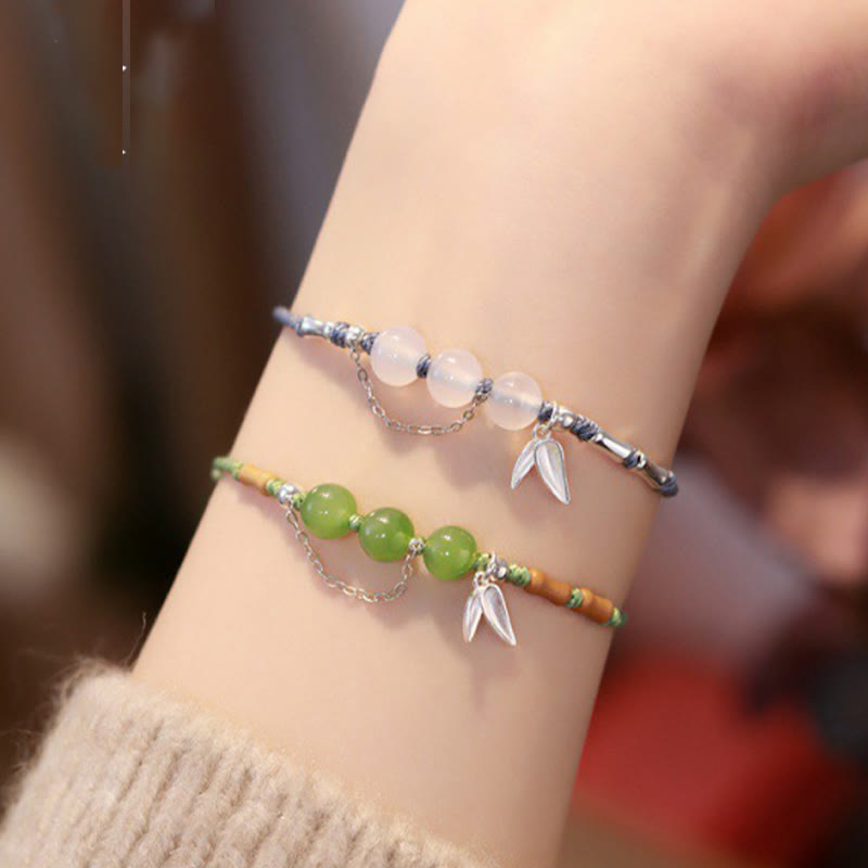 KarmaRipple's 925 Sterling Silver Bamboo Leaves Hetian Jade Chalcedony Beadwork Blessing Woven Bracelet p3