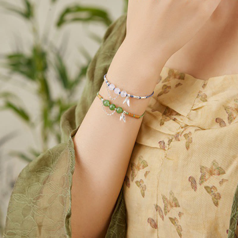 KarmaRipple's 925 Sterling Silver Bamboo Leaves Hetian Jade Chalcedony Beadwork Blessing Woven Bracelet p9
