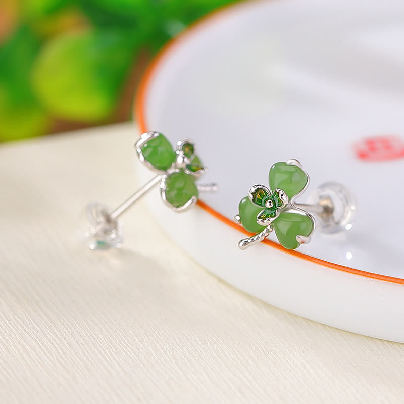 KarmaRipple's 925 Sterling Silver Enamel Hetian Jade Shamrock Fortune Earrings p3