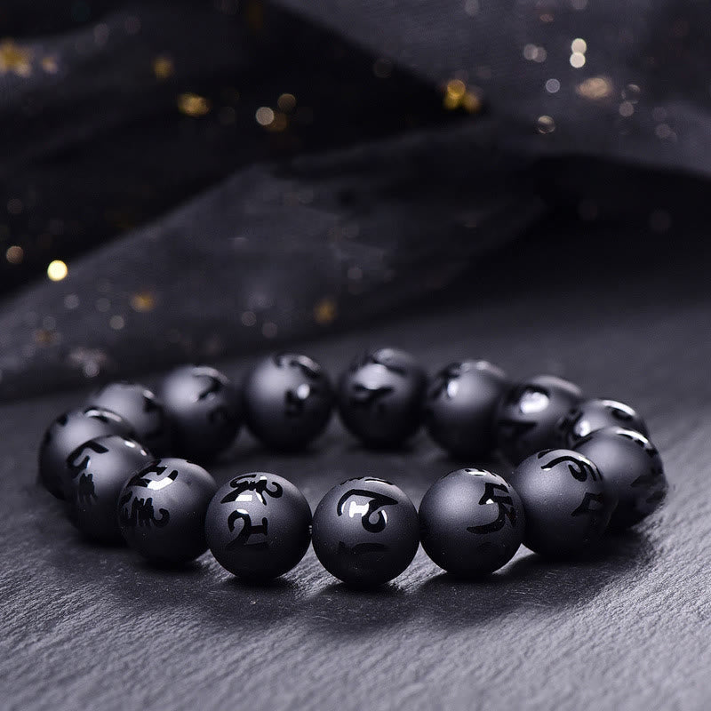 KarmaRipple's Authentic Black Onyx Om Mani Padme Hum Carved Protection Bracelet p1