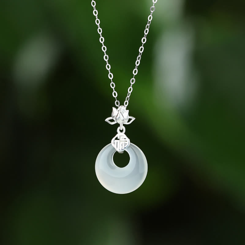 KarmaRipple's Chalcedony 925 Sterling Silver Lotus Flower Fu Character Peace Buckle Positive Pendant Necklace p1