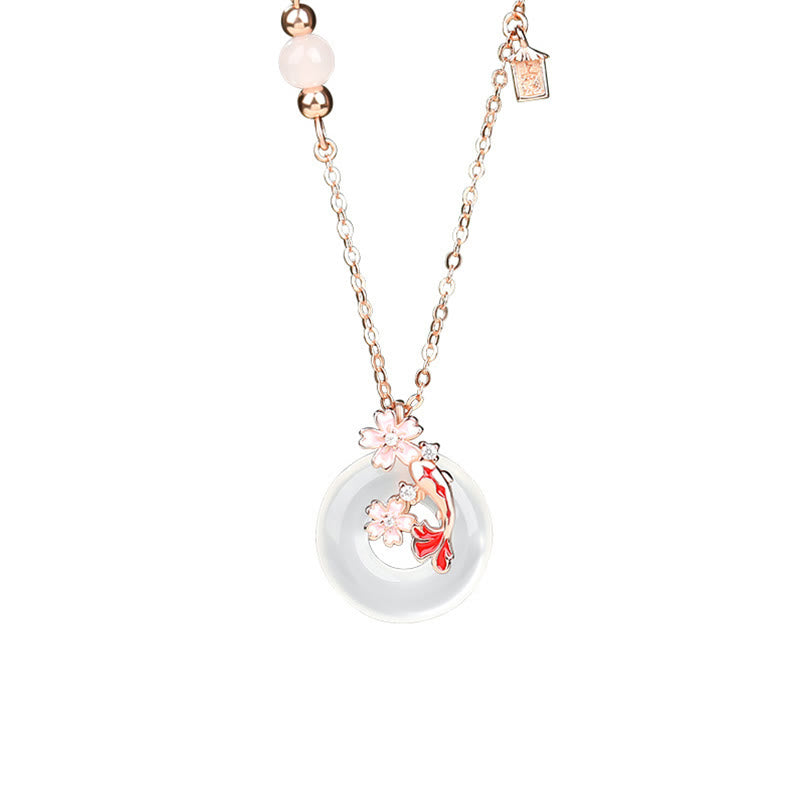 KarmaRipple's Chalcedony Pink Gemstone 925 Sterling Silver Flowers Koi Fish Peace Buckle Positive Pendant Necklace p3