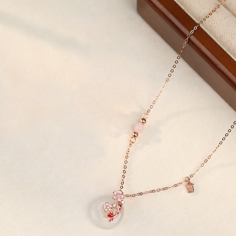 KarmaRipple's Chalcedony Pink Gemstone 925 Sterling Silver Flowers Koi Fish Peace Buckle Positive Pendant Necklace p2