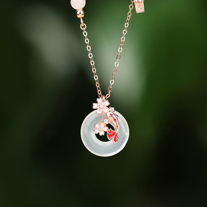 KarmaRipple's Chalcedony Pink Gemstone 925 Sterling Silver Flowers Koi Fish Peace Buckle Positive Pendant Necklace p14