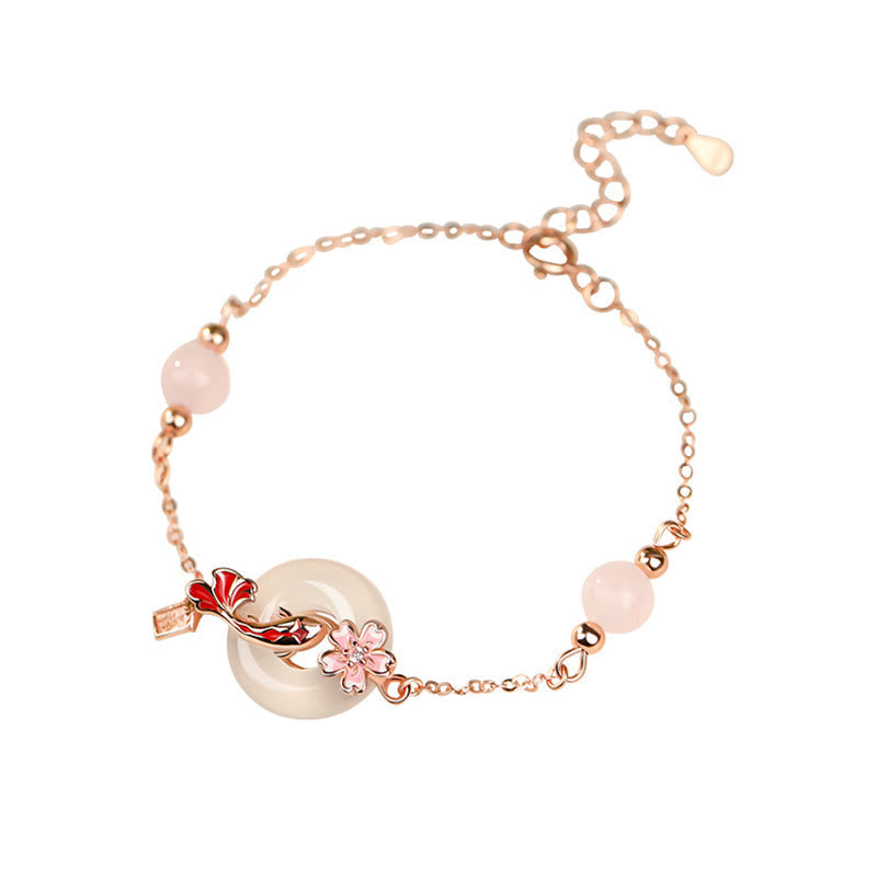 KarmaRipple's Chalcedony Pink Gemstone 925 Sterling Silver Flowers Koi Fish Peace Buckle Positive Bracelet p11