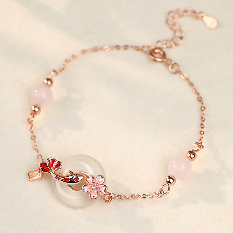 KarmaRipple's Chalcedony Pink Gemstone 925 Sterling Silver Flowers Koi Fish Peace Buckle Positive Bracelet p1
