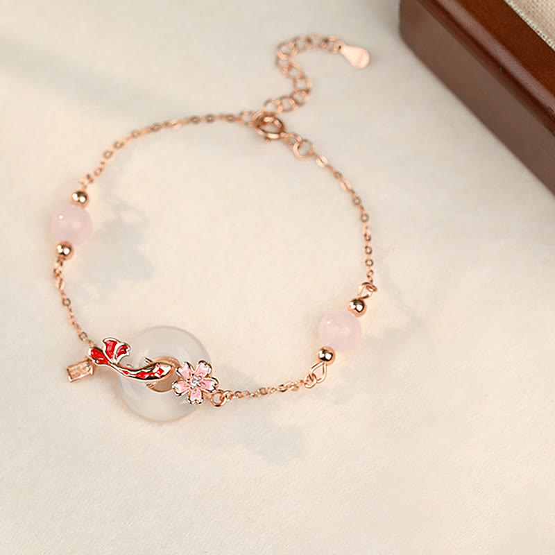 KarmaRipple's Chalcedony Pink Gemstone 925 Sterling Silver Flowers Koi Fish Peace Buckle Positive Bracelet p2