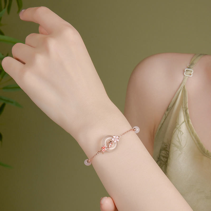 KarmaRipple's Chalcedony Pink Gemstone 925 Sterling Silver Flowers Koi Fish Peace Buckle Positive Bracelet p13