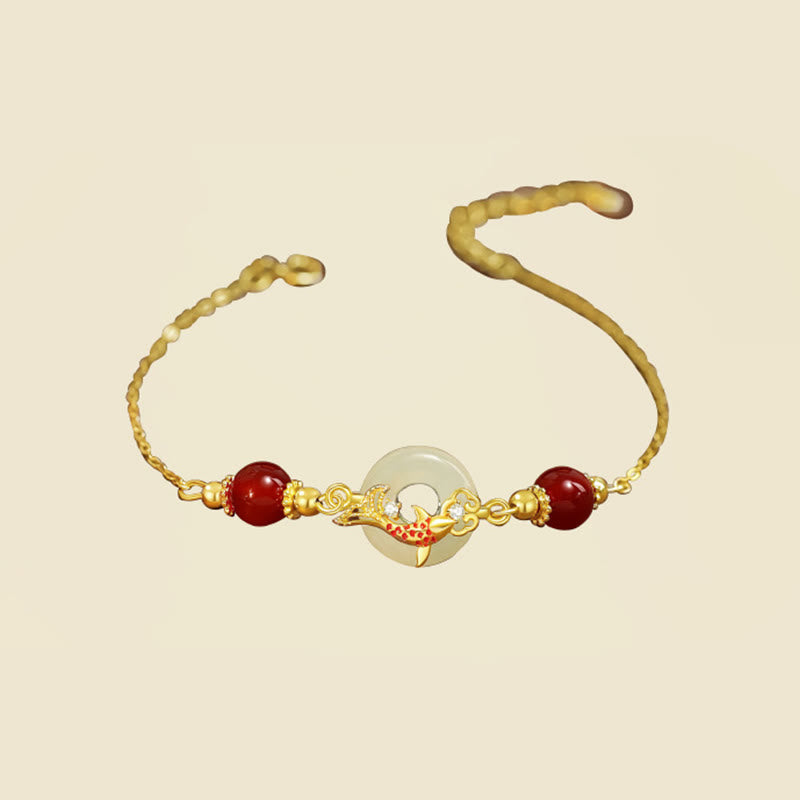 KarmaRipple's Authentic Hetian Jade 925 Sterling Silver Plated Gold Red Agate Beadwork Koi Fish Peace Buckle Fortune Bracelet p3