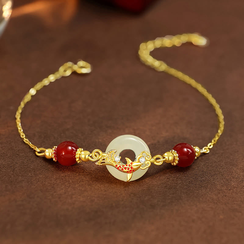 KarmaRipple's Authentic Hetian Jade 925 Sterling Silver Plated Gold Red Agate Beadwork Koi Fish Peace Buckle Fortune Bracelet p1