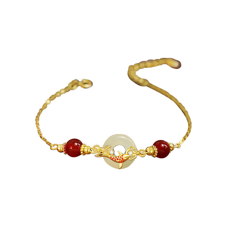 KarmaRipple's Authentic Hetian Jade 925 Sterling Silver Plated Gold Red Agate Beadwork Koi Fish Peace Buckle Fortune Bracelet p4