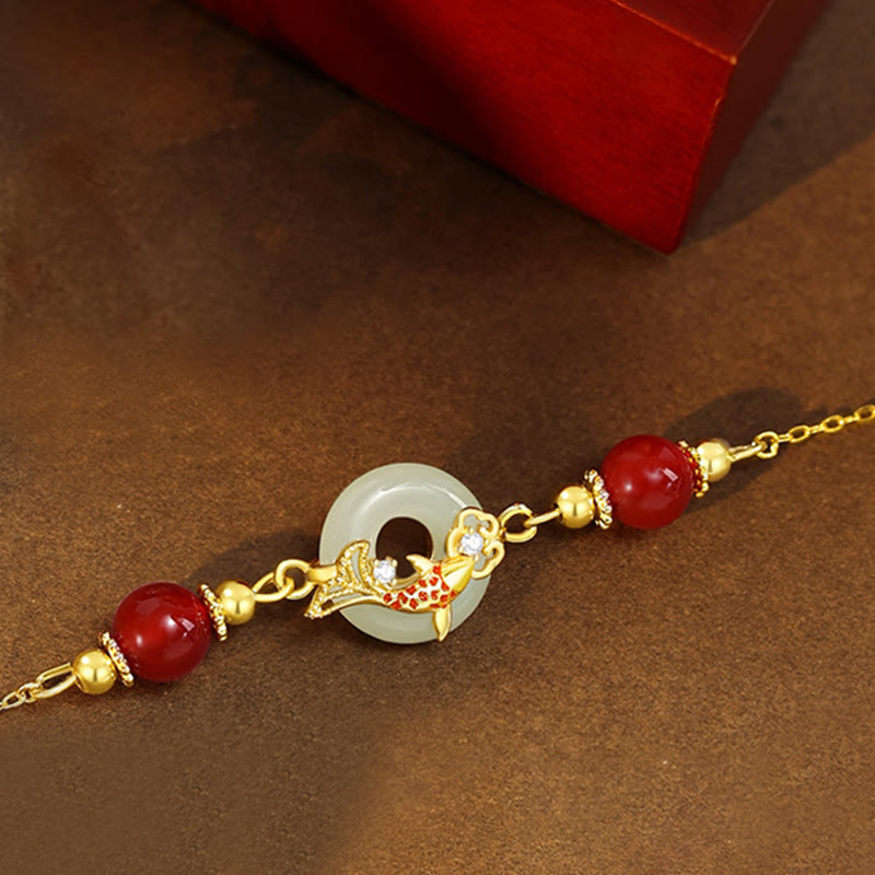 KarmaRipple's Authentic Hetian Jade 925 Sterling Silver Plated Gold Red Agate Beadwork Koi Fish Peace Buckle Fortune Bracelet p6