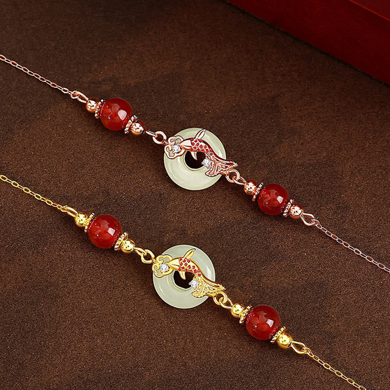 KarmaRipple's Authentic Hetian Jade 925 Sterling Silver Plated Gold Red Agate Beadwork Koi Fish Peace Buckle Fortune Bracelet p13