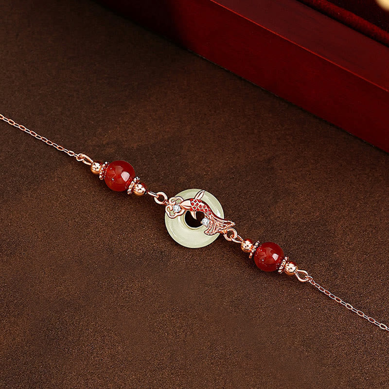 KarmaRipple's Authentic Hetian Jade 925 Sterling Silver Plated Gold Red Agate Beadwork Koi Fish Peace Buckle Fortune Bracelet p2