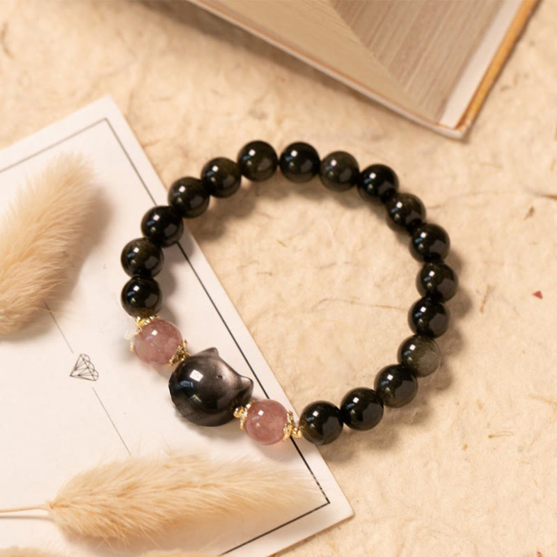 KarmaRipple's Black Obsidian Strawberry Quartz Beadwork Silver Sheen Obsidian Cat Head Strength Bracelet p1