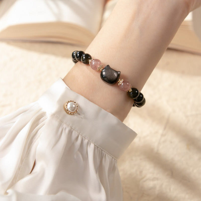KarmaRipple's Black Obsidian Strawberry Quartz Beadwork Silver Sheen Obsidian Cat Head Strength Bracelet p4