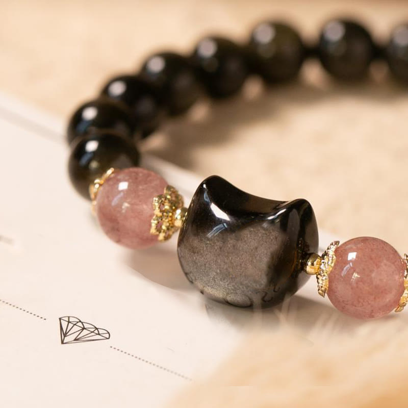 KarmaRipple's Black Obsidian Strawberry Quartz Beadwork Silver Sheen Obsidian Cat Head Strength Bracelet p3
