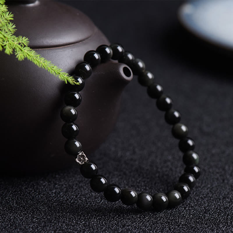 KarmaRipple's Black Obsidian Bead 925 Sterling Silver Flower Design Purification Bracelet p2
