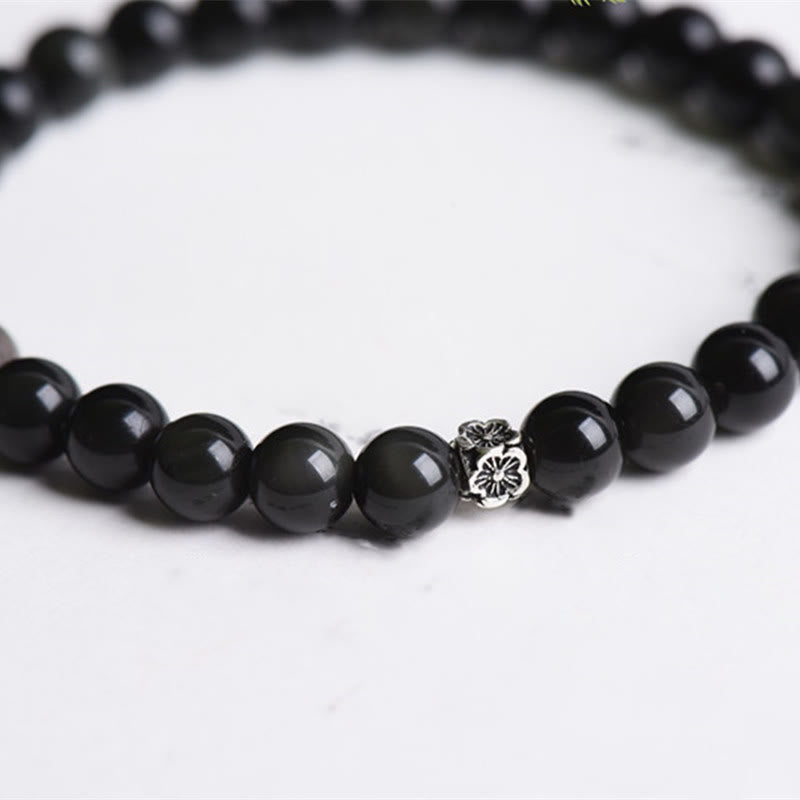 KarmaRipple's Black Obsidian Bead 925 Sterling Silver Flower Design Purification Bracelet p4