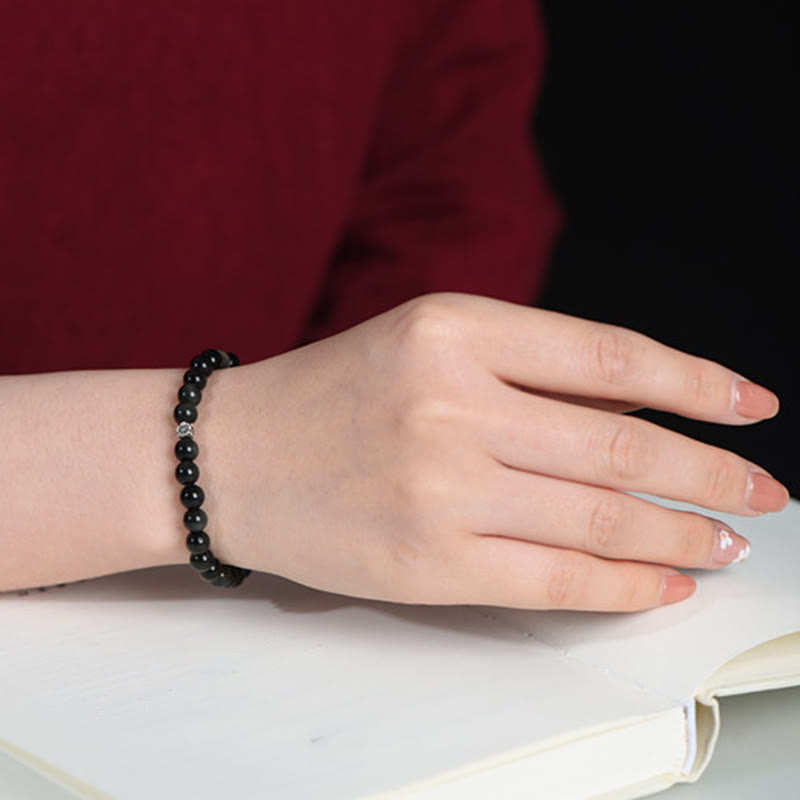 KarmaRipple's Black Obsidian Bead 925 Sterling Silver Flower Design Purification Bracelet p5