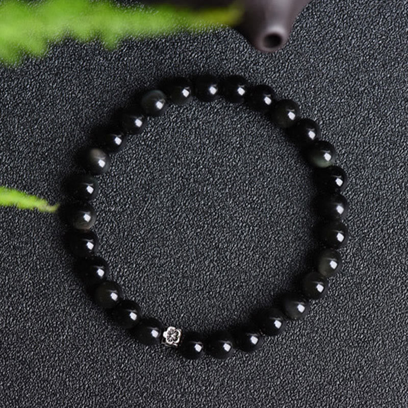 KarmaRipple's Black Obsidian Bead 925 Sterling Silver Flower Design Purification Bracelet p3