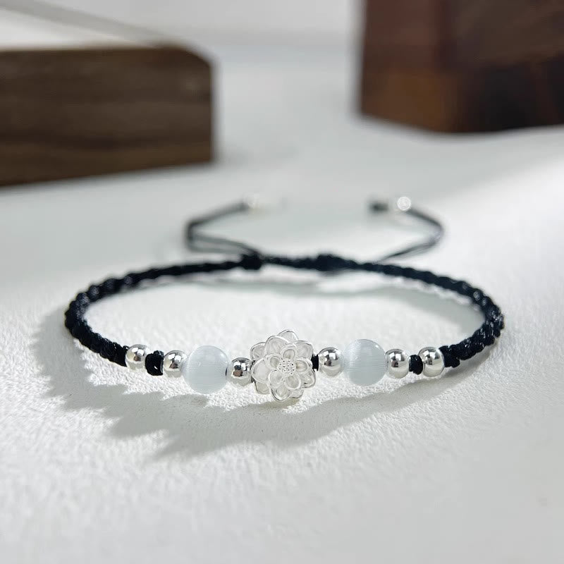 KarmaRipple's 999 Sterling Silver Lotus Design Cat's Eye Bead Protection String Bracelet p1