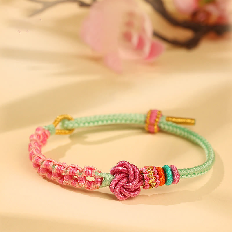 KarmaRipple's Handmade Pink Green Peach Blossom Weave Woven Bracelet p1