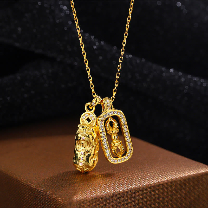 KarmaRipple's 999 Sterling Silver Golden Pixiu Bronze Coin Vajra Wealth Pendant Necklace p12