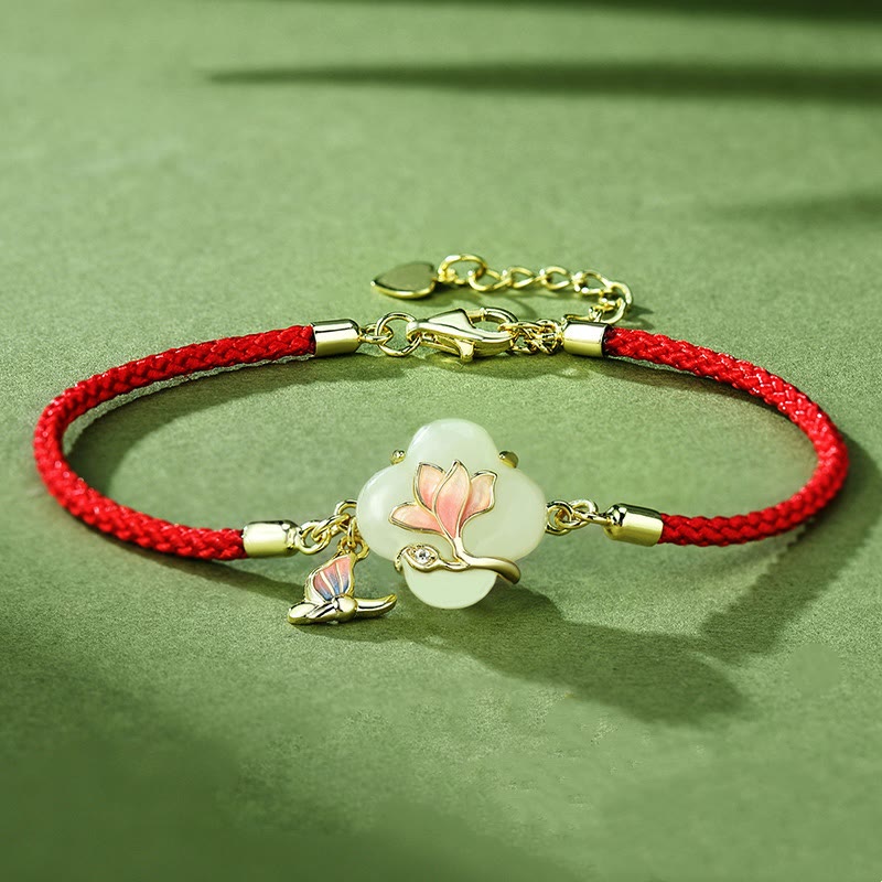 KarmaRipple's 925 Sterling Silver Hetian Jade Magnolia Flower Butterfly Fortune Chain Bracelet p1